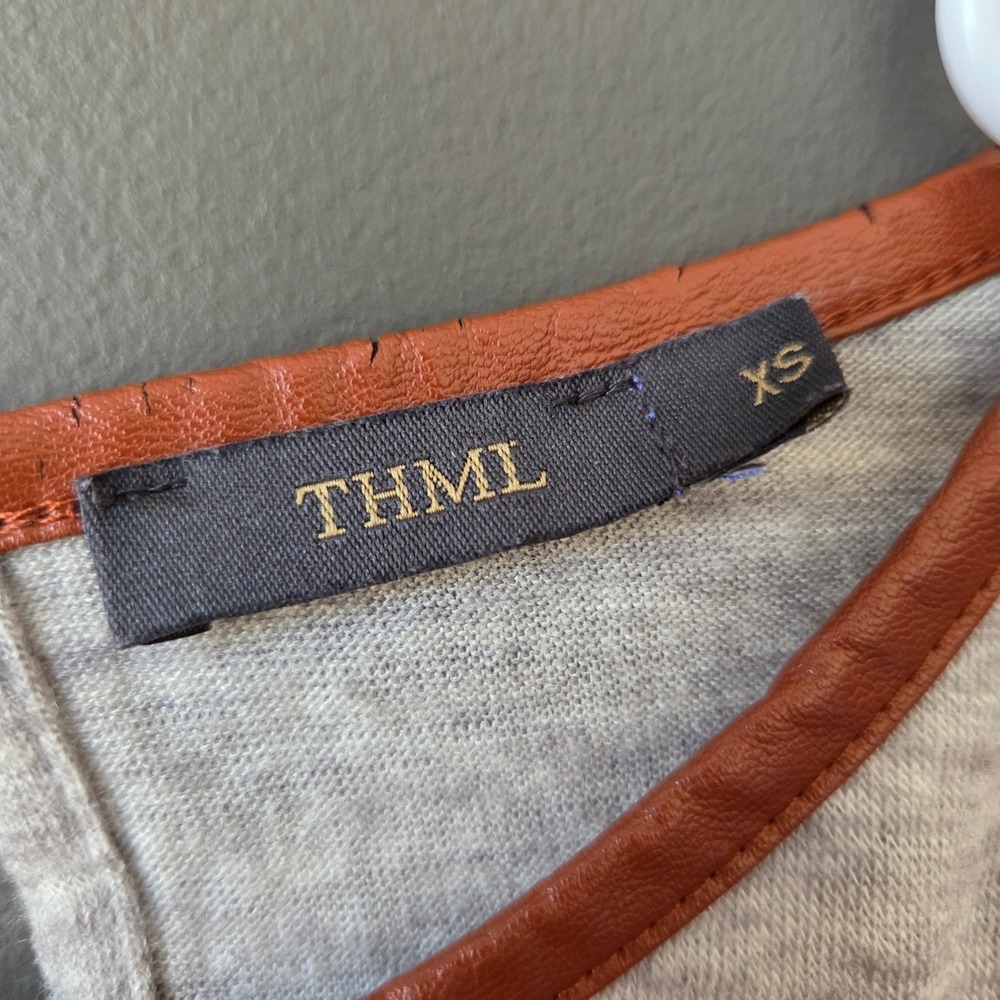 THML XS Womens Gray Embroidered Boho Dolman Sleeve Sweater Top Faux Leather Trim - Picture 3 of 8